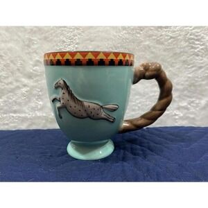Set of 2 Cracker Barrel Southwestern/Horse Teal/Brown Rope Handle Stoneware Mugs